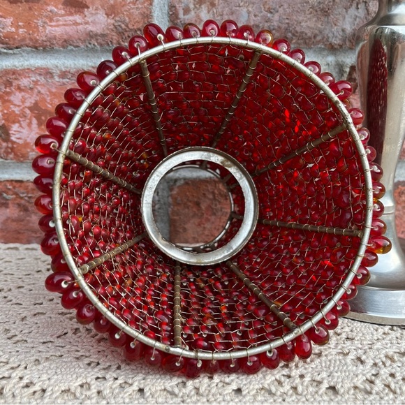 Tea Light Candle Lamp With Red Beaded Shade Silver Tone Metal Base - Picture 6 of 12